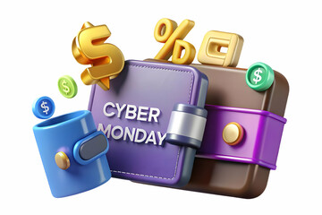 Glossy Background of a Glowing Digital Wallet with Floating Cyber Monday Discount Signs - High-Tech Promotional Photo Stock Concept