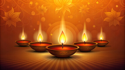 Illuminated diyas, glowing softly in the dark, serene and auspicious devotional background, with copy space