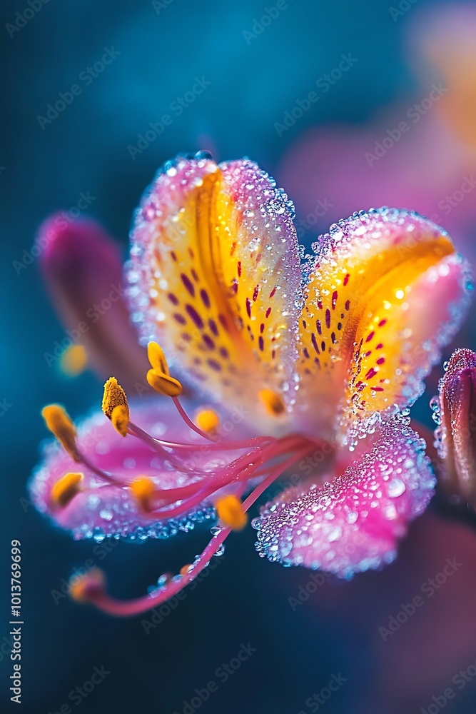 Poster Close up of a pink and yellow flower with dew drops