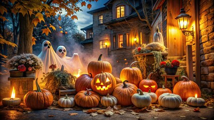 Fototapeta premium Spooky Halloween Images for Drawing Inspiration Featuring Pumpkins, Ghosts, and Haunted Scenes