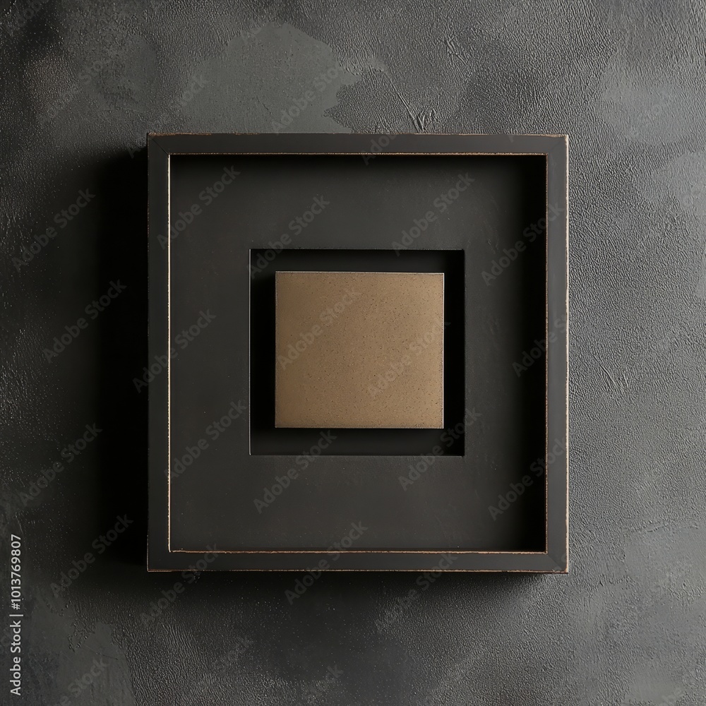 Poster this image features a minimalist black square artwork mounted within a layered frame, against a text