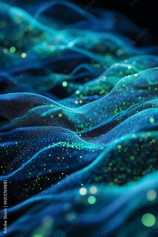Leinwandbilder A mesmerizing abstract image featuring flowing waves of blue and green hues, adorned with shimmering particles that create a sense of depth and motion.