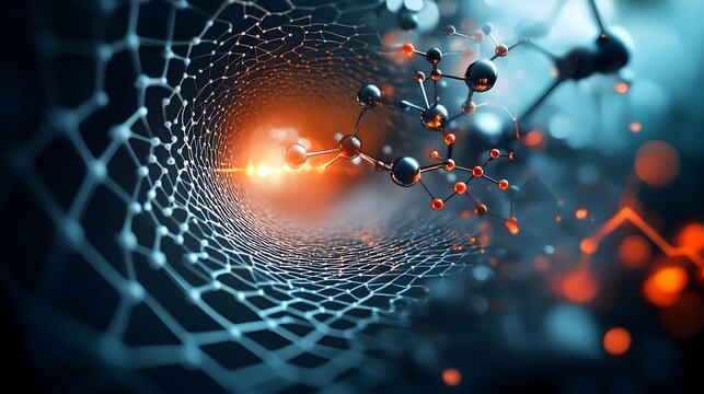Futuristic digital in flat design style depicting intricate molecular structures of carbon nanotubes emerging from a graphene background