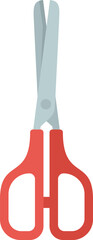 Red scissors with metal blades standing upright on a white background