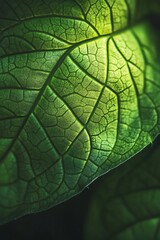 Obraz premium Close up macro photo of a green leaf with visible veins and texture