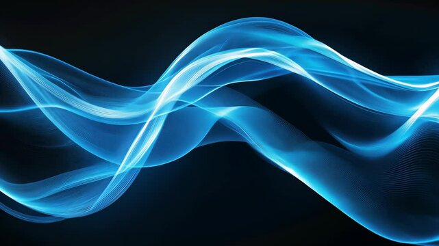 A wave of light blue digital smoke flows across a black background