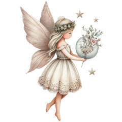 Fototapeta premium Fairy girl with wings wearing pastel dress. Watercolor illustration isolated on transparent background.