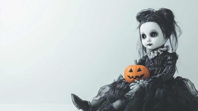 Gothic style doll sitting on a light background. The doll is wearing a black dress and holding a jack o' lantern. Place for text.
