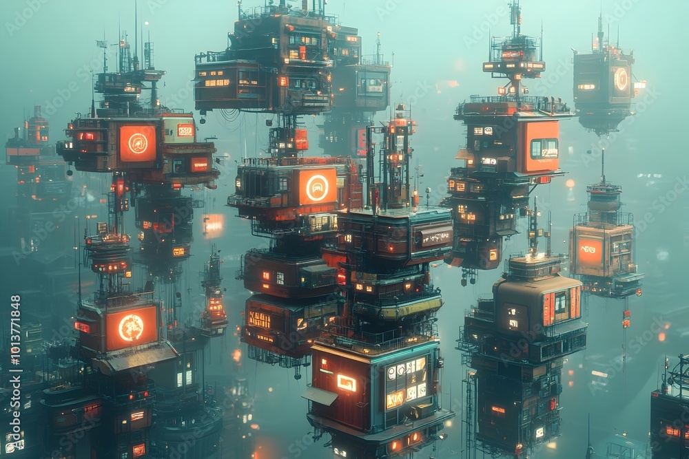 Poster globally integrated cargo container network with towering stacks of interconnected modular units adv