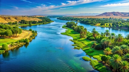 Naklejka premium The majestic Nile River gracefully flows through lush greenery, embraced by a bright blue sky, offering a serene tableau of nature's breathtaking splendor.