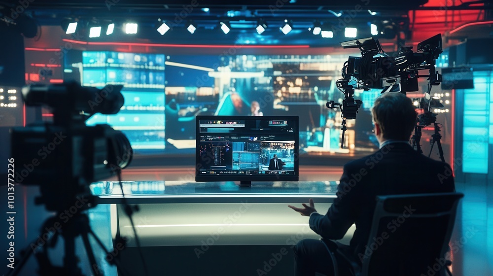Poster a television presenter engages with news updates in a high-tech studio, featuring numerous screens a