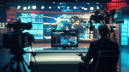 A television presenter engages with news updates in a high-tech studio, featuring numerous screens and broadcast equipment. Generative AI