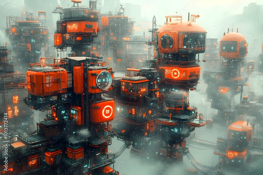 Poster globally integrated cargo container network featuring towering stacks of interlinked modular units a