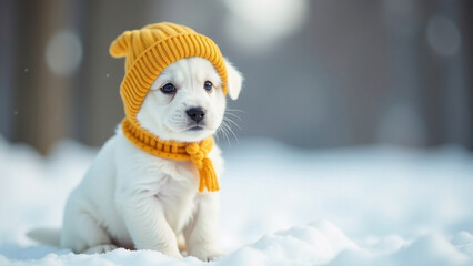 Cute little white puppy in a yellow hat on a snow background. Clothes for dogs.