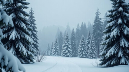 Beautiful winter landscape, forest, snowy firs, snow falling. Banner