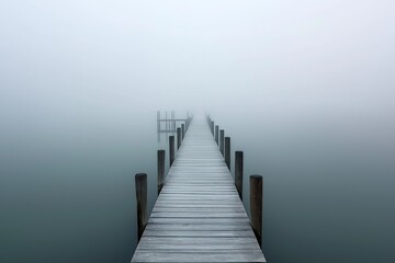 A serene dock extending into the fog, creating a tranquil and mysterious atmosphere over calm waters. 