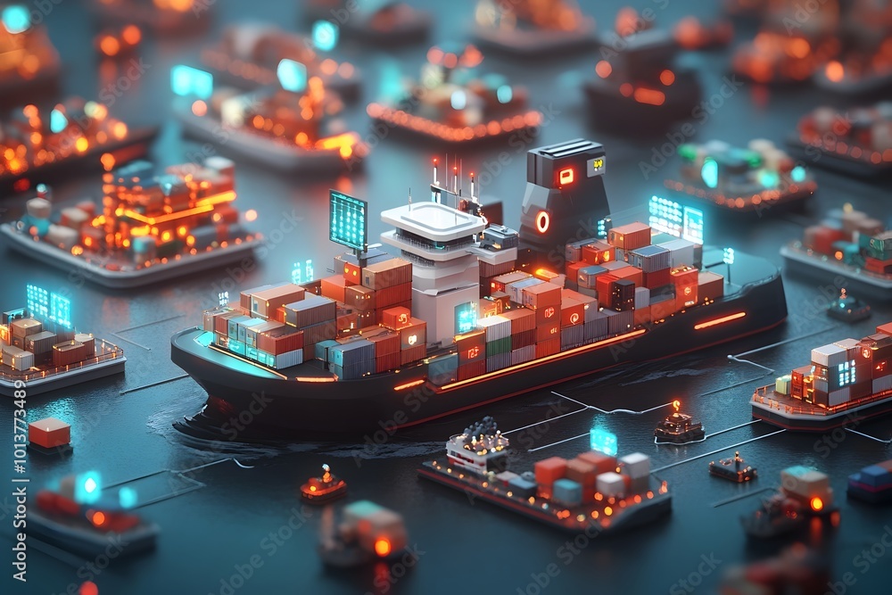 Poster autonomous and intelligent cargo container ships navigating a complex global network of data streams