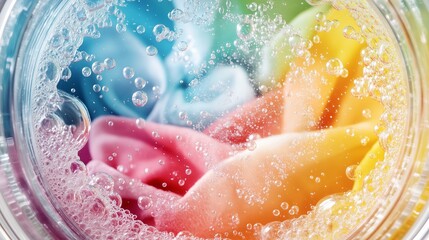 Fototapeta premium Process of washing in a washing machine with bright colorful fabrics. Fabrics covered with foam are immersed in water filled with many soap bubbles.