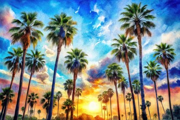 This lively watercolor painting showcases palm trees beneath a gorgeous blue sky, perfectly reflecting the warmth and vibrancy of a sunny day.