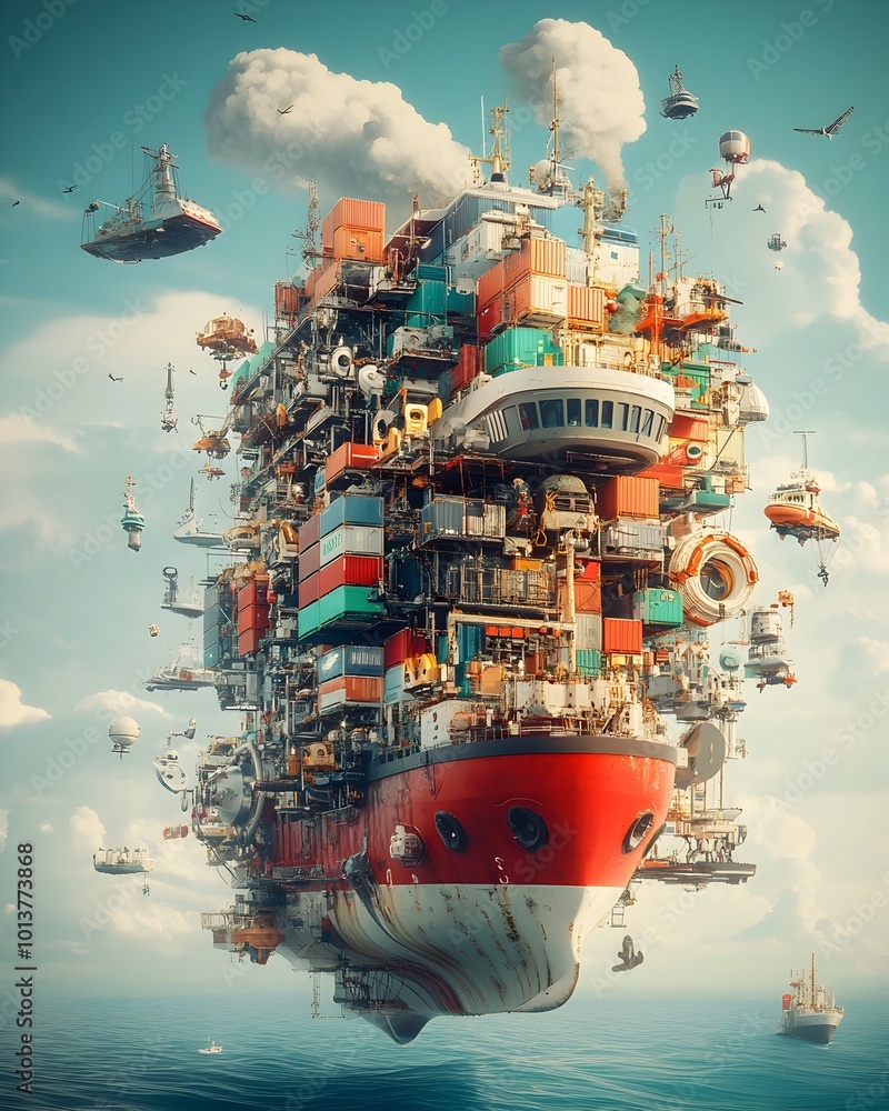 Poster towering cargo container ships of the future featuring advanced hull designs intricate robotic loadi