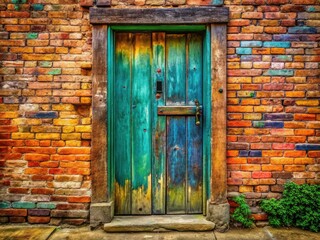 This vintage wooden door, adorned with a unique design, leans against a rustic brick wall, highlighting its weathered textures and charming aesthetics.