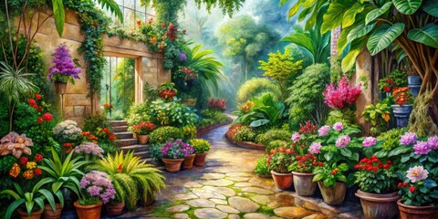 This vibrant watercolor masterpiece highlights succulent life, blending lush greenery with intricate floral designs for a stunning celebration of nature's artistic brilliance.