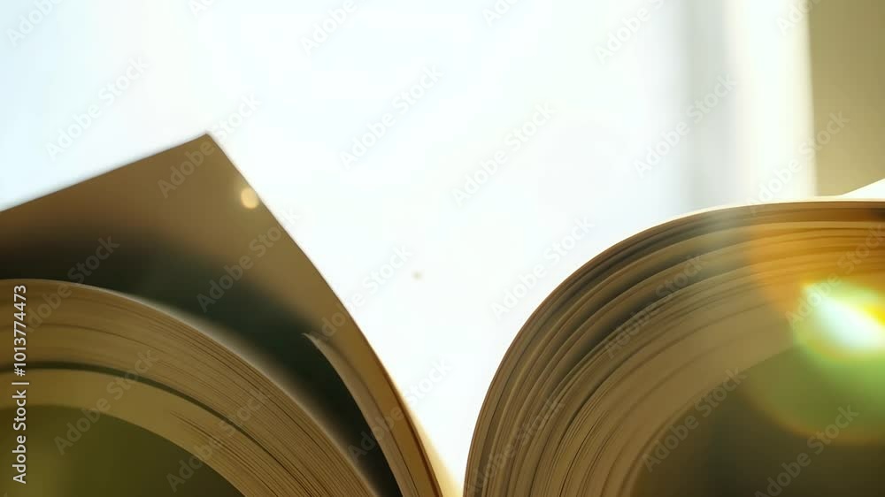 Poster a sunlight-illuminated open book reveals its pages, casting soft shadows and highlighting vibrant co