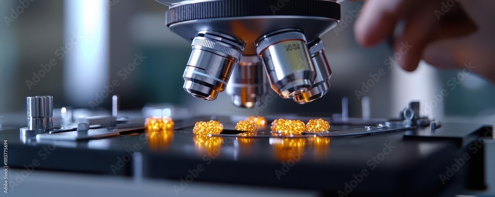 Poster close-up of a microscope examining glowing samples on a lab bench, showcasing modern technology and 