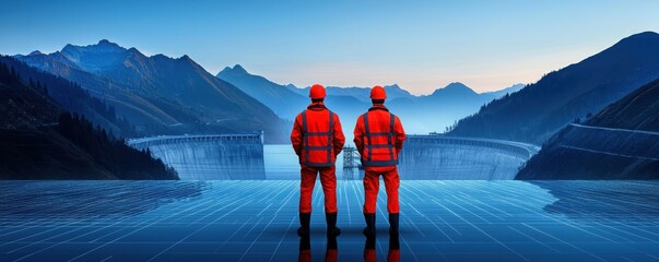Two workers in orange safety gear stand overlooking a vast body of water and mountains, highlighting teamwork and industry in a serene environment.