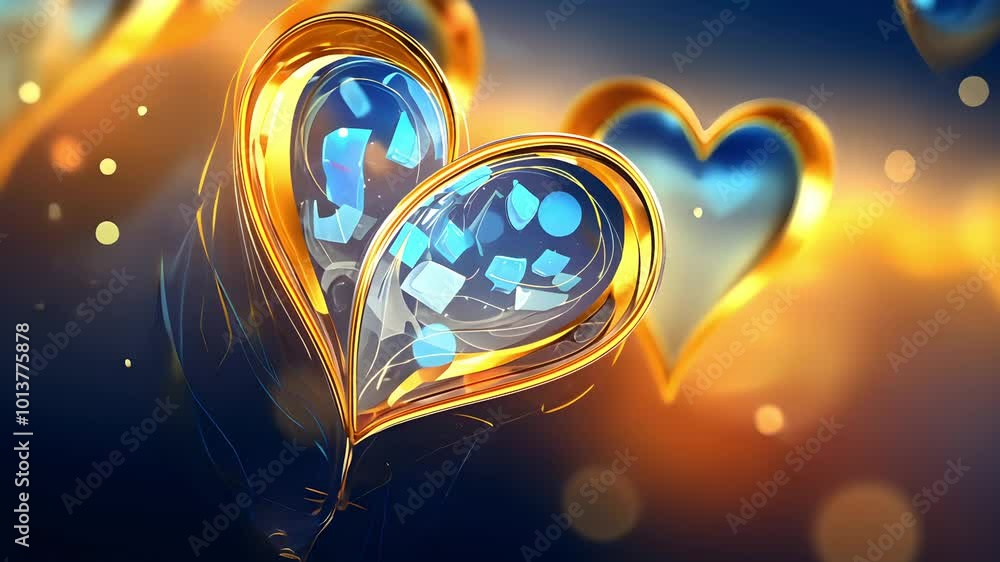 Poster a glowing heart shape with a blue and orange color scheme surrounded by soft golden circles creates 