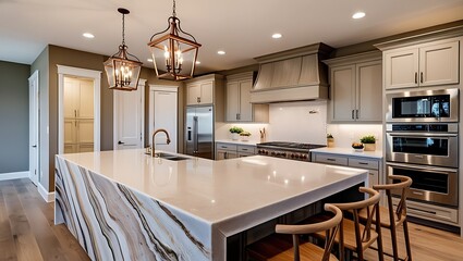 Enhance your open-concept kitchen's aesthetic with this elegant pitcher, perfectly suited for a modern, minimalist design. Placed on a sleek waterfall quartz countertop.