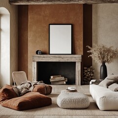 A blend of rustic and modern design styles in this living room, featuring a blank piece of art above a traditional fireplace.