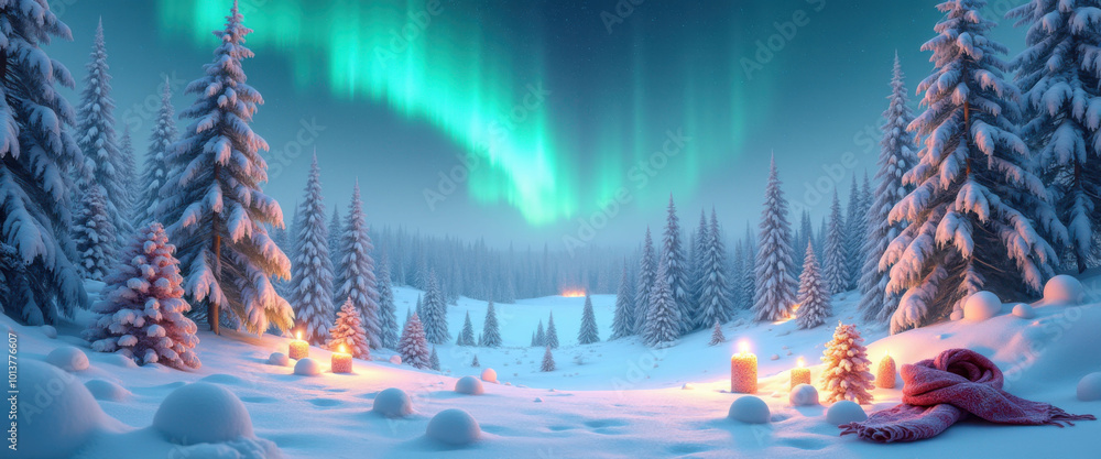 Poster a snowy forest with a path leading through it. the path is lit by candles and the sky is filled with