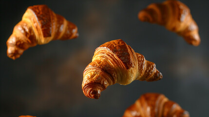 Levitating food Crispy fresh croissants flying over the table to go on a dark background Food concept bakery breakfast ideas flavor ideas