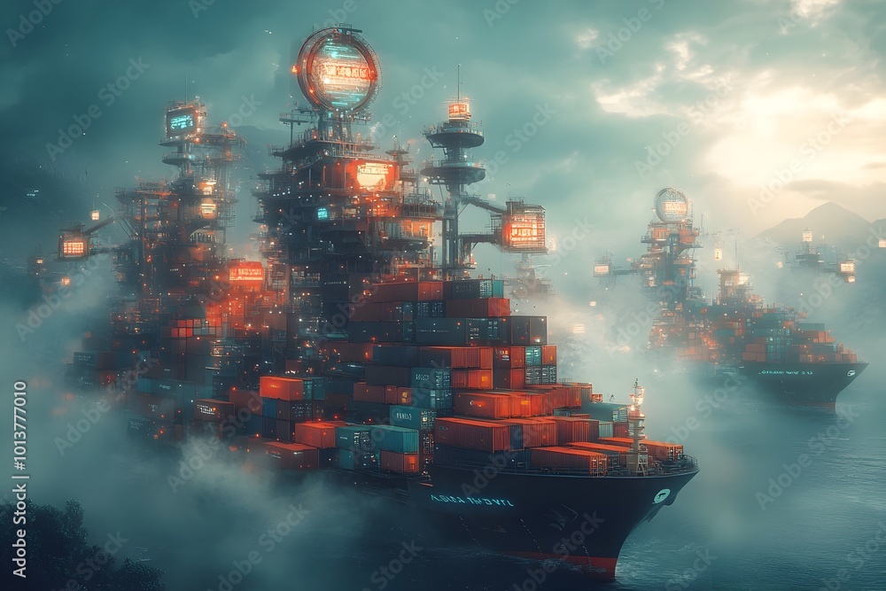 Poster colossal and imposing futuristic cargo container ships bristling with advanced sensors and automatio