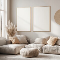 A cozy living room with a large beige sectional, fluffy pouf, and twin blank frames, accented by natural pampas grass.