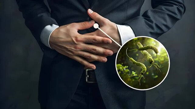 A businessman grips his stomach, indicating discomfort, with a close-up of bacterias