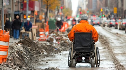Obraz premium Person in Wheelchair Navigating Urban Construction Area