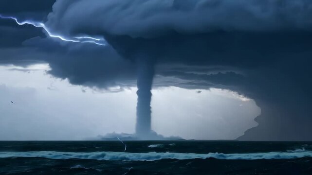 A large waterspout forms over the ocean as a lightning bolt strikes in the distance.