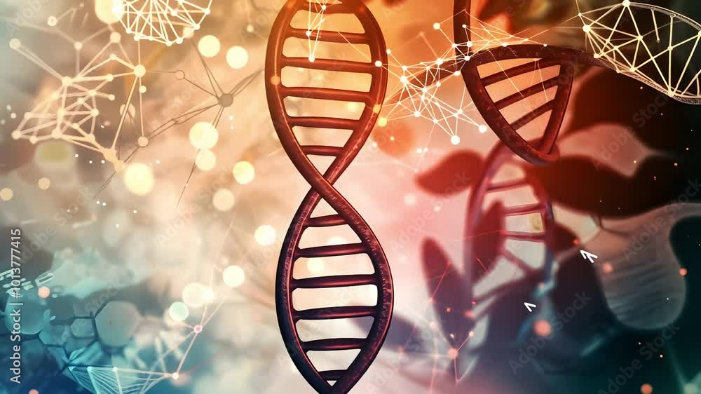 Poster a vibrant representation of a double helix dna strand surrounded by abstract connections and glowing