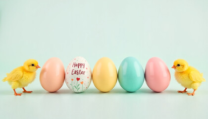 Easter minimalist card featuring pastel colored eggs in a row with the words "Happy Easter" and two yellow chicks on either side of the eggs. Easter concept, space for text.
