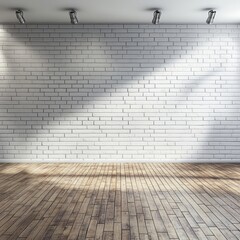 Fototapeta premium Empty Room with White Brick Wall and Wooden Floor