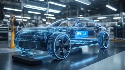 Obraz premium Futuristic EV technology concept with a virtual touch interface, set against a blurred auto repair garage