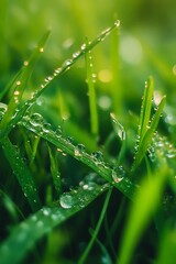 Naklejka premium Closeup of Dew Drops on Green Grass Blades