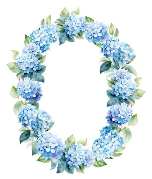 Wreath with watercolor hydrangea and leaves, floral design