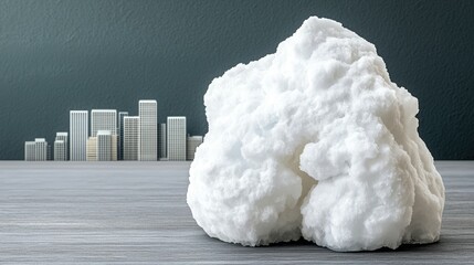A fluffy white cloud-like object contrasts with a modern city skyline in the background, symbolizing creativity and innovation.