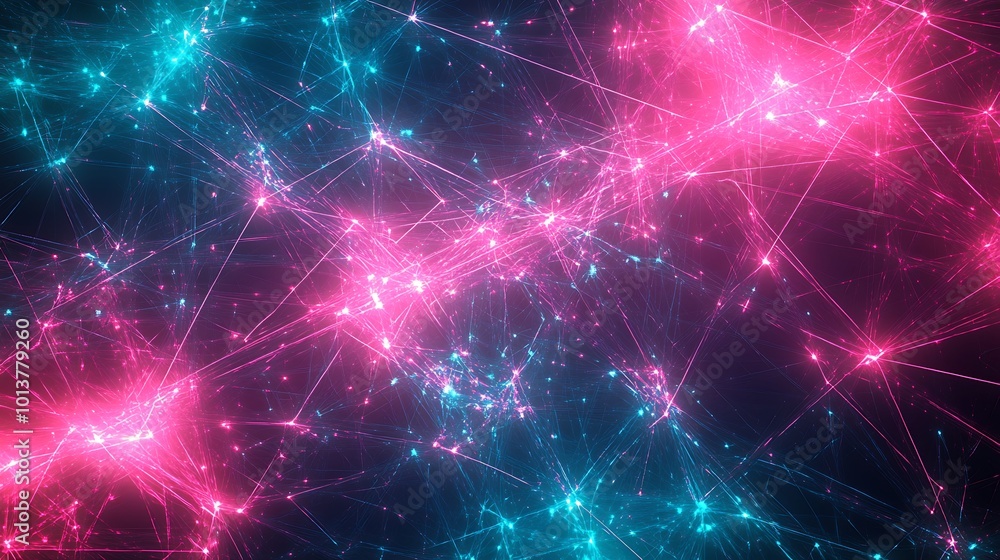 Poster A vibrant digital abstract design featuring interconnected bright pink and blue nodes against a dark background, suggesting depth and complexity.