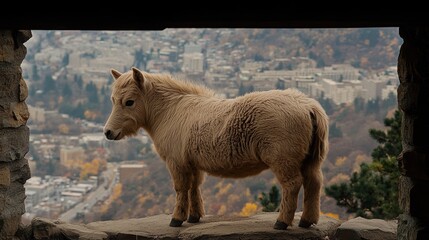 Fototapeta premium A miniature horse stands majestically against a scenic backdrop, overlooking a vibrant urban landscape and nature.