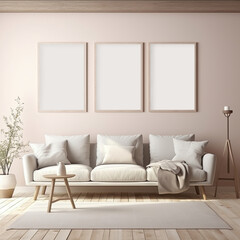 Living room interior mockup in beige colors with three frames
