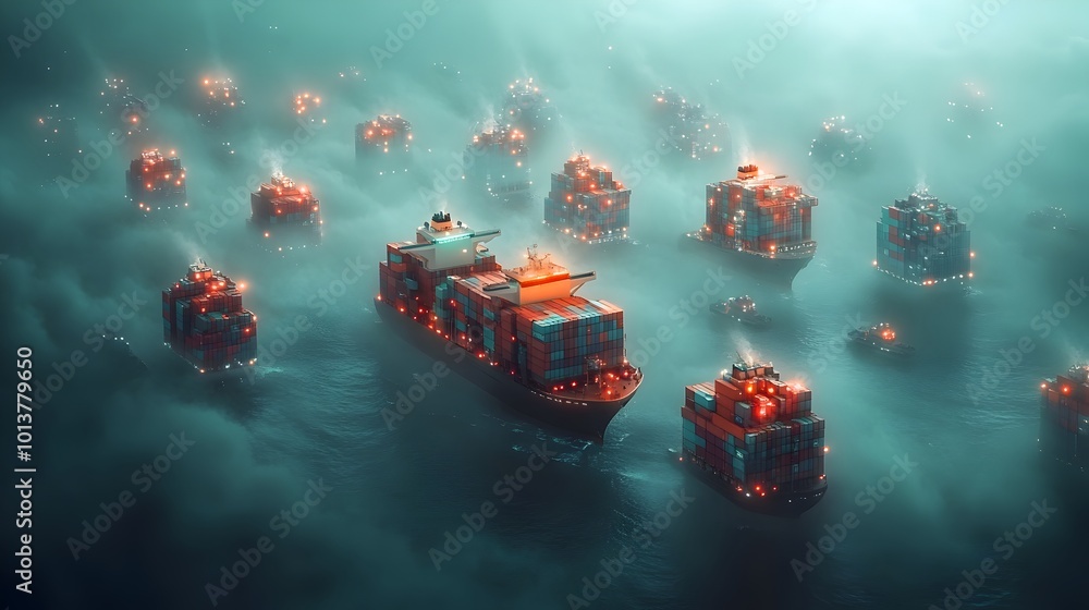 Poster nextgen cargo container ships with sleek and streamlined silhouettes seamlessly gliding across vast 